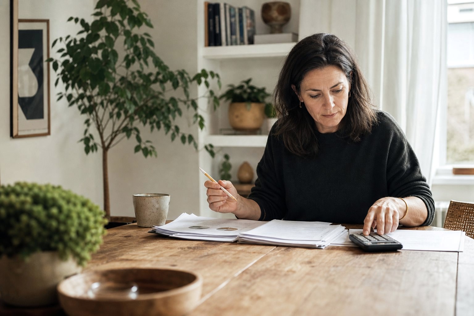 Ondernemer legt factuur, kalender en een aparte btw-reserve naast elkaar op een houten bureau